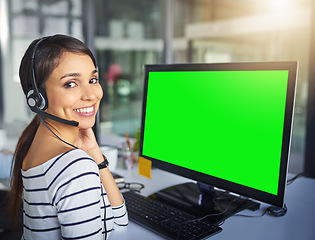 Image showing Call center, customer service and portrait of woman with green screen on computer for consulting help. Telemarketing, communication mockup and female worker for contact, crm software and support