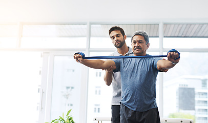 Image showing Physiotherapy, help and band with old man and doctor for training, rehabilitation and injury. Medical, healing and healthcare with physiotherapist and patient for consulting, stretching and fitness