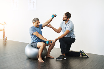 Image showing Weights, physiotherapy and help with doctor and old man for rehabilitation, training or stretching. Healthcare, wellness and healing with patient and physiotherapist for consulting, muscle or balance