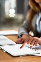 Image showing Tablet, screen mockup and business woman for market research, data analytics or website management at night. Typing, schedule and professional person hands on digital tech, internet or app mock up