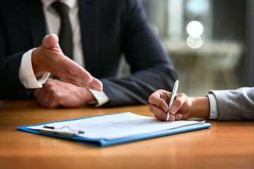 Image showing Business people, hands and contract or signature for deal, partnership and legal paperwork, law firm and night office. Paper, client advice and lawyer person, notary or partner writing and agreement