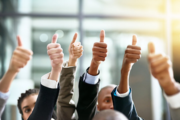 Image showing Winner, thumbs up and group of people thank you, support or teamwork hands for vote, yes or like emoji. Collaboration, target or winning women and men in business ok, diversity success or thanks sign