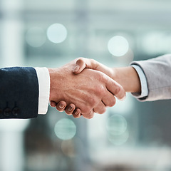 Image showing Business people, handshake and corporate meeting, welcome and introduction or lawyer agreement and success. Professional man, partner or clients shaking hands in thank you, interview or legal deal