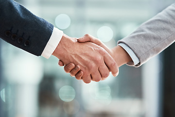 Image showing Business people, partner or handshake in meeting, corporate welcome and introduction or lawyer agreement and success. Professional worker or clients shaking hands for b2b, job interview or legal deal