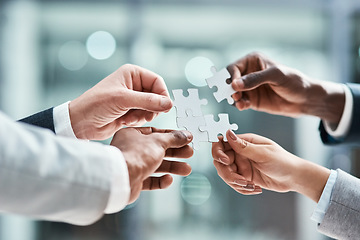 Image showing Solution, business puzzle and group of people hands for goals, project integration and workflow or success. Team building, progress and development of problem solving game, synergy or collaboration