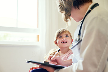 Image showing Young girl, doctor and consultation with medical checklist with a smile in a hospital for wellness. Happiness, clinic consultant and pediatrician with healthcare and kids appointment with child form