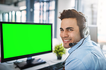 Image showing Businessman face, call center and green screen on computer in customer service or telemarketing at office. Portrait of man person, consultant or agent smiling on PC with chromakey or mockup display