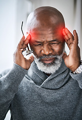 Image showing Headache, red and senior man with migraine, mental health, retirement stress or mind problem in overlay. Memory, tired and sick or burnout african person massage temple, brain fog and healthcare risk