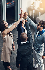 Image showing Teamwork, high five and success with business people in office for support, winner and motivation. Collaboration, diversity and community with group of employees for solidarity, target and goals