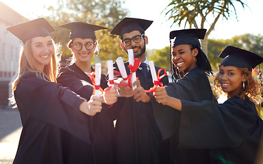 Image showing Group, graduation and students with a diploma of college or university friends with pride. Diversity men and women outdoor to celebrate education achievement, success and certificate at school event