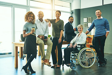 Image showing Inclusion, diversity and portrait of business people in office for teamwork, support and happy. Smile, collaboration and inclusive with group of employees for mission, commitment and mindset