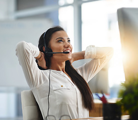 Image showing Relax, smile or happy woman in call center consulting, speaking or talking at customer services. Virtual assistant, stretching or female sales consultant in telemarketing or telecom company help desk