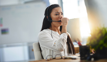 Image showing Yawn, tired or woman with burnout in call center overworked or overwhelmed by telemarketing deadlines. Fatigue, exhausted girl or stressed sales agent yawning while networking overtime on computer