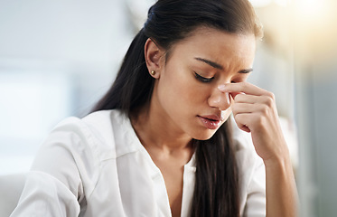 Image showing Business, burnout or woman with headache, stress or tired in office with fatigue, anxiety or depression. Depressed employee, sad female consultant or person frustrated with migraine pain in workplace