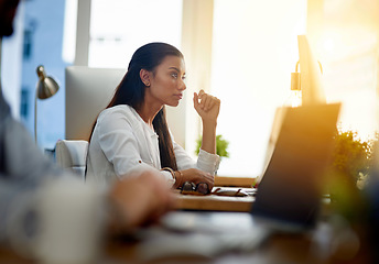 Image showing Serious, office or woman typing on computer working on business project or online research at office desk. Thinking, girl or worker copywriting email on blog report or internet article with focus