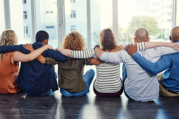 Image showing Support, group and hug with back of people for teamwork, community and diversity. Solidarity, faith and collaboration with group of friends for trust, gratitude and kindness together