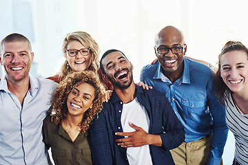 Image showing Business people, laugh portrait and hug in a office with a smile from friends teamwork and collaboration. Diversity, happiness and staff together proud from funny motivation and workforce group