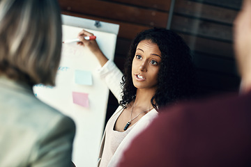 Image showing Presentation whiteboard, audience and woman speech, discussion or communication on office plan. Sales workshop, project management and team leader, speaker or biracial person speaking to group