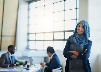 Image showing Business woman, muslim and arms crossed portrait in an office with a smile for career pride. Arab female entrepreneur or leader at a diversity and corporate workplace with a positive mindset