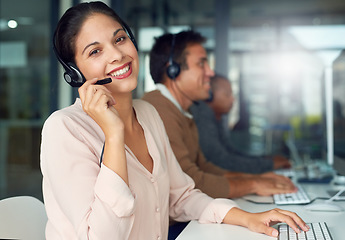 Image showing Call center, woman smile and portrait with contact us, crm and customer service job. Phone help, sale and web advice employee with happiness from telemarketing and internet work on office desk