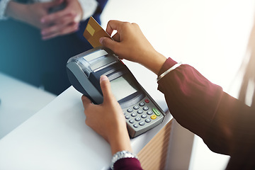 Image showing Credit card payment, swipe or hands of person in store with pos machine in a financial exchange. B2c fintech, sales services or closeup of customer paying, swiping or shopping in retail trade mall