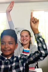 Image showing Question, happy and hands of children in classroom for answer in lesson, learning and education. Child development, school and young girl student with hand raised for asking, feedback and knowledge