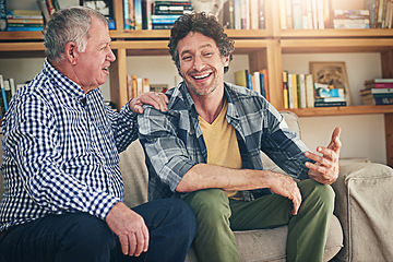 Image showing Happy, advice and senior father with son on sofa for bonding, smile and conversation. Retirement, happiness and generations with family in living room at home for weekend, love and discussion