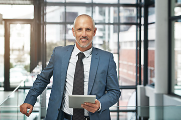 Image showing Tablet, happy and portrait of business man in office for networking, research and digital. Social media, internet and email with senior male ceo for corporate, professional and communication