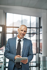 Image showing Tablet, smile and portrait of business man in office for networking, research and digital. Company management, internet and email with senior male ceo for corporate, professional and communication