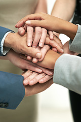 Image showing Business people, meeting and hands together in trust for team collaboration at office. Hand of group piling for teamwork motivation, agreement or support in solidarity for company goals at workplace