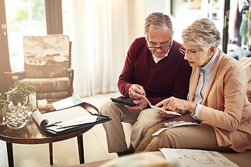 Image showing Finance, accounting and budget with an old couple in a home for debt, retirement or pension planning. Insurance, money or investment with a senior man and woman in their house for financial strategy