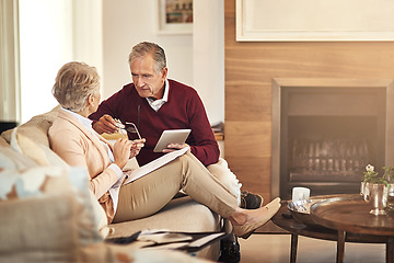 Image showing Finance, tablet and budget with an old couple in a home for debt, retirement or pension planning. Accounting, money or investment with a senior man and woman in their house for financial insurance