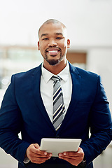 Image showing Corporate, happy man and portrait with tablet for online planning, internet or stock market app in office. Male executive, suit and digital technology of connection, financial trading and data review