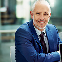 Image showing Mature business CEO, happy man and portrait of corporate confidence, professional commitment or pride in office. Face, executive director and boss in suit for trust, experience or company in New York