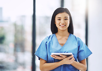 Image showing Healthcare, smile and portrait of nurse with tablet in hospital for support, help and advice in clinic. Health care, happiness and medicine, confident and happy woman, medical professional with space