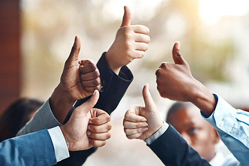 Image showing Teamwork, hands and business people with thumbs up for success, team building and motivation. Group, hand gesture and like emoji for agreement, ok or excellence, support or solidarity for cooperation