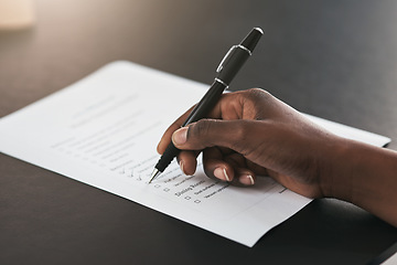 Image showing Checklist tick, closeup and hands with a pen, agenda or planning administration at work. Receptionist, plan and person with notes on a document for schedule, time management or working on a goal