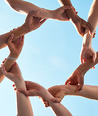 Image showing Hands, chain and circle with team and blue sky with low angle, solidarity and trust with arm link and people together. Teamwork, motivation and connection with group collaboration and community