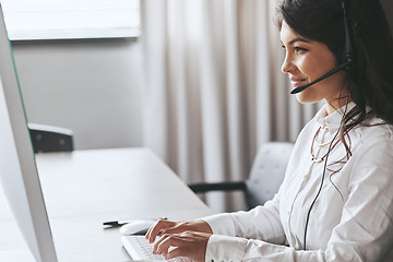 Image showing Business woman, computer and telemarketing employee with a smile and help on a crm call. Call center, customer service and young female person working on a web support consultation with happiness