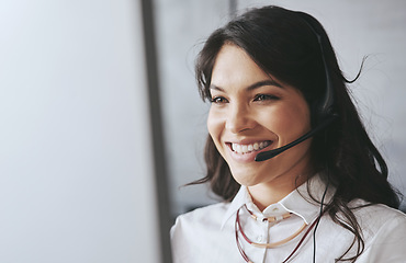 Image showing Business woman, face and contact us employee with a smile and consulting on a crm call. Communication, customer service and young female person working in a web support call center with a smile