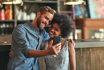 Image showing Coffee shop selfie, cafe hug and happy people or couple of friends post photo memory to social network. Customer smile, retail service picture and person pose in startup, small business or restaurant