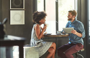 Image showing Tablet, cafe cooperation or team talking about retail investment proposal, restaurant customer sales or store service. Coffee shop discussion, diversity partner or happy people plan startup franchise