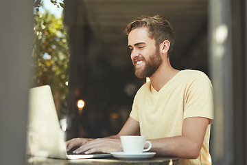 Image showing Coffee shop, remote work and happy man typing laptop project, research report or customer experience insight. Cafe website, freelance blog writer and person doing internet search in restaurant store