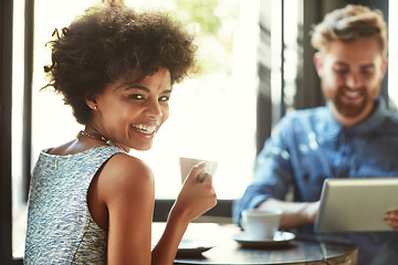 Image showing Coffee shop, restaurant portrait and happy woman with tea, matcha and smile for hydration beverage, drink mug or teamwork. Customer, morning wellness, and cafe team working on freelance remote work