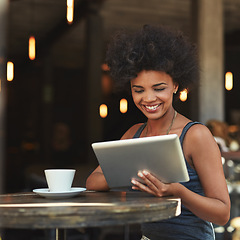 Image showing Tablet reading, smile and coffee shop woman with satisfaction for restaurant review, sales growth or success news. Cafe manager, small business owner and happy person check customer experience data