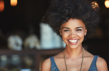 Image showing Restaurant portrait, happy and cafe woman, small business owner or manager happiness for retail store success. Entrepreneur, coffee shop face or excited person, waitress or customer smile for startup