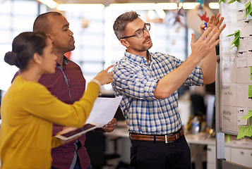 Image showing Whiteboard, planning and business people with strategy and speaking in a office. Startup, company training and creative writing group with communication and vision with ideas and writer report