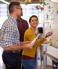 Image showing Brainstorm, smile and team on whiteboard or employees or presentation for male and female coach in office. Lady trainer, man workers and Flipchart or project for business or meeting and workplace