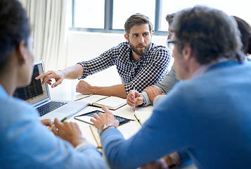 Image showing Planning, presentation and laptop with business people in meeting for idea, project management and teamwork. Review, strategy and branding with employees in boardroom for digital, data and solution