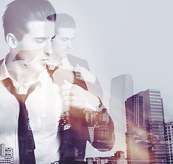 Image showing Businessman, city double exposure and luxury suit with monochrome and art deco overlay. Buildings, formal fashion and worker with success of person with skyline and black and white effect